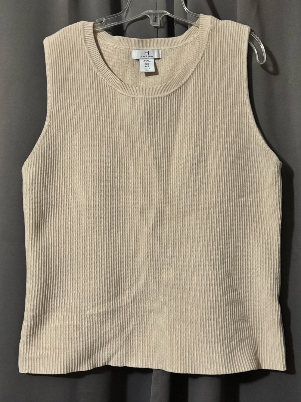 Halston Beige Ribbed Knit Tank Top Crew Neck Size XL